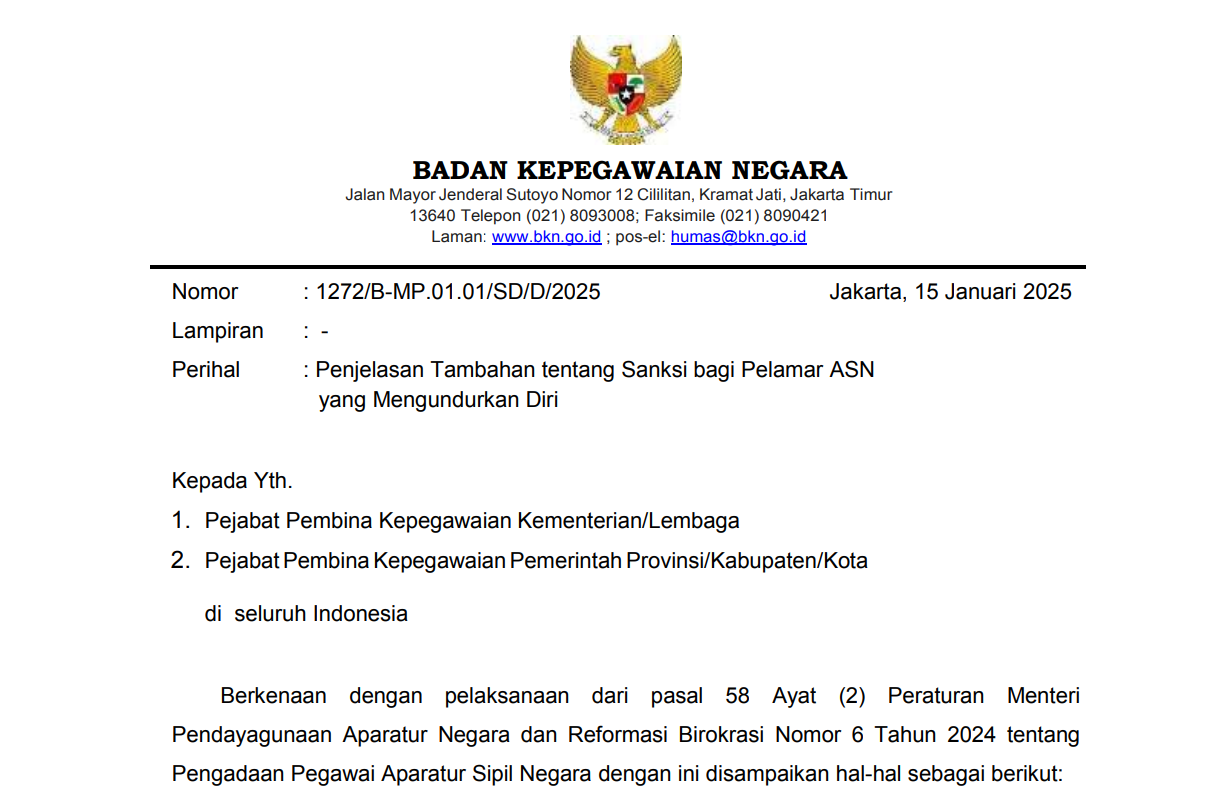 BKN Terbitkan Surat Edaran Tentang Aturan Sanksi Pelamar CPNS dan PPPK yang Mengundurkan Diri