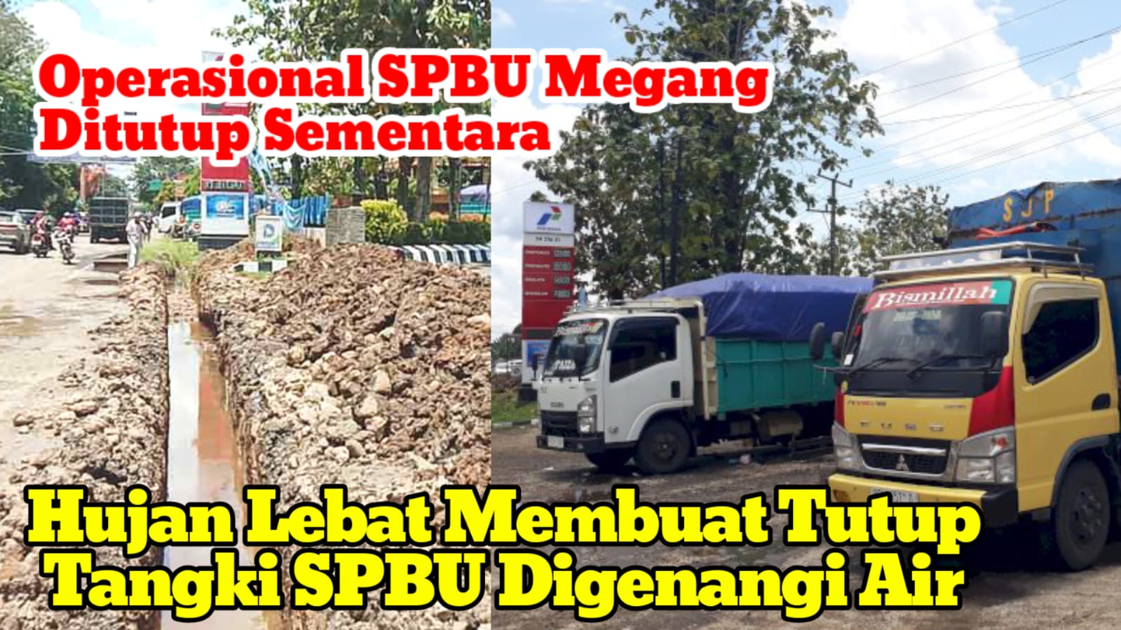 Operasional SPBU Megang Ditutup Sementara, Hujan Lebat Membuat Tutup Tangki SPBU Digenangi Air