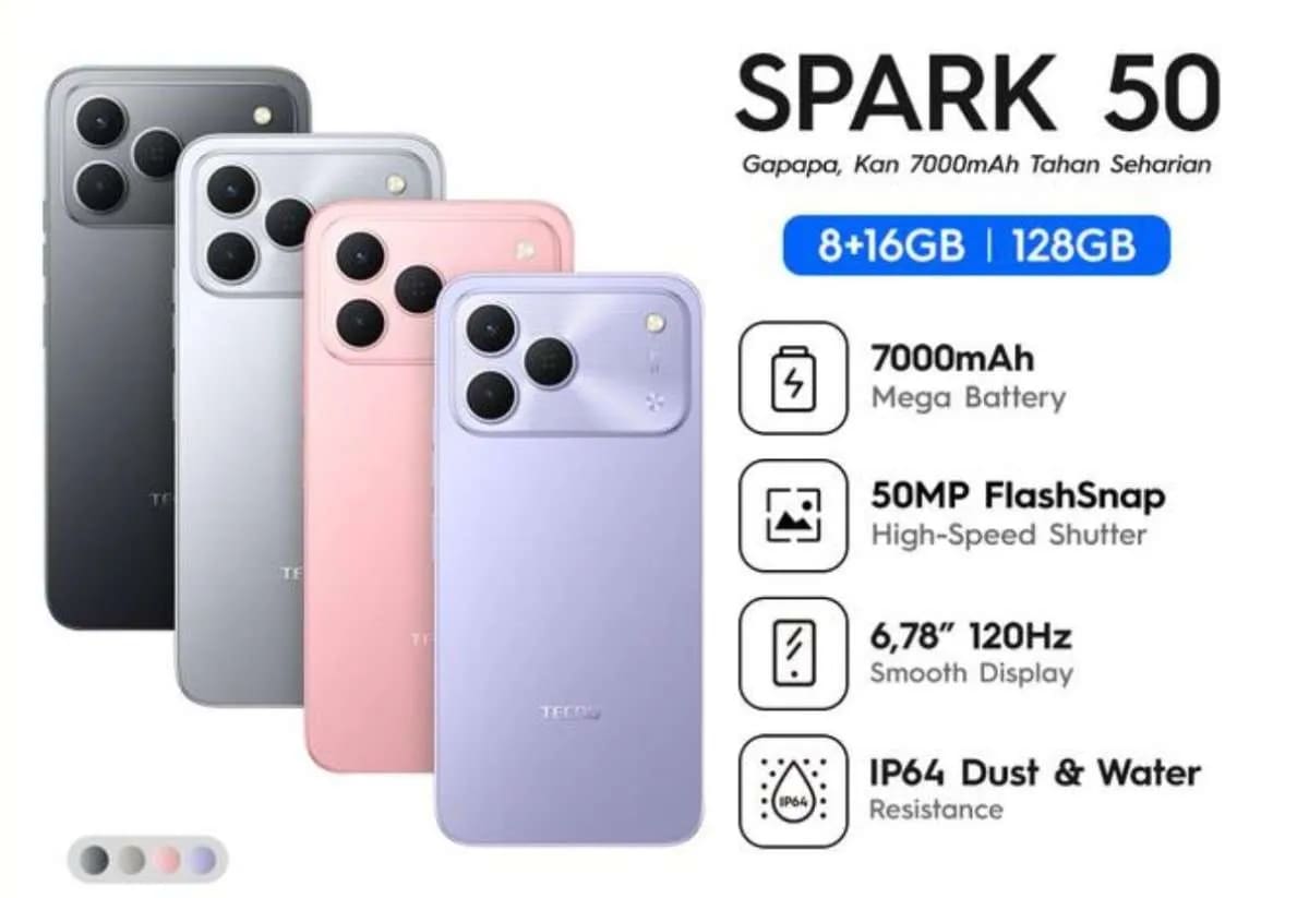 Tecno Spark 50 Resmi Meluncur di Indonesia, Usung Baterai 7.000 mAh dan Kamera AI 50 MP