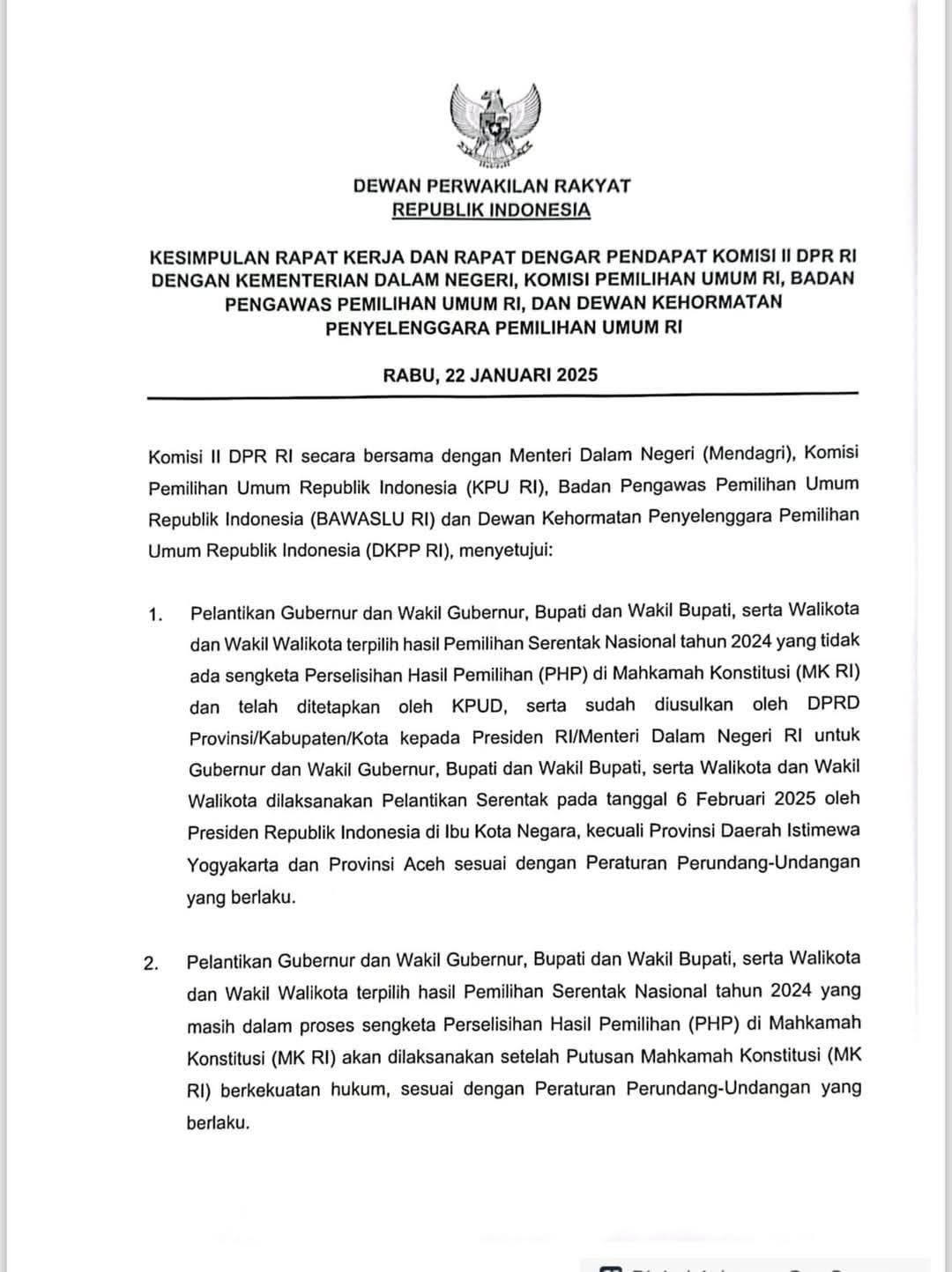 Pelantikan Serentak Gubernur dan Wagub, Bupati dan Wabup, serta Walikota dan Wawako pada 6 Februari 2025 oleh 