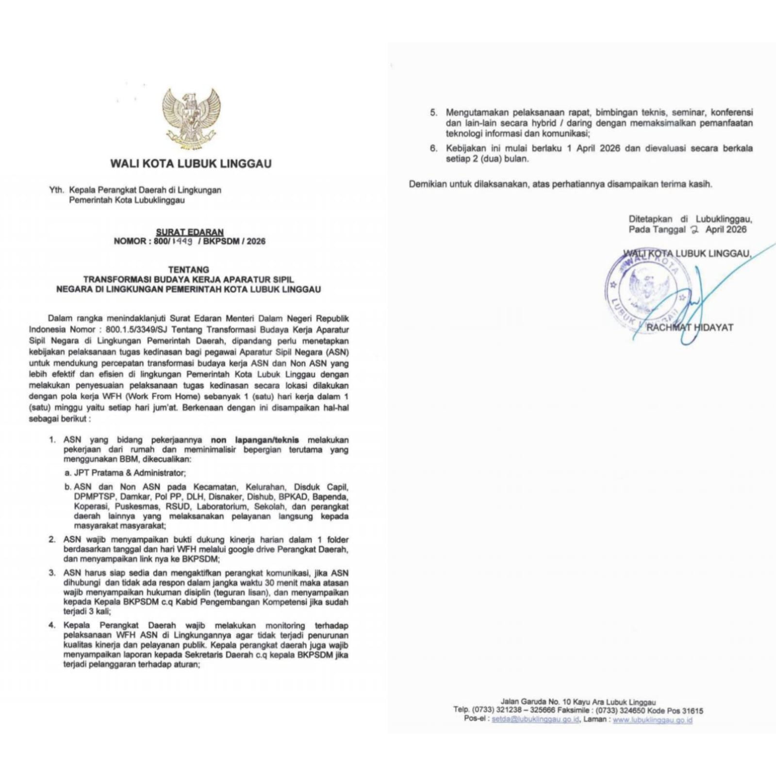 Pemkot Lubuk Linggau Terapkan WFH Setiap Jumat bagi ASN