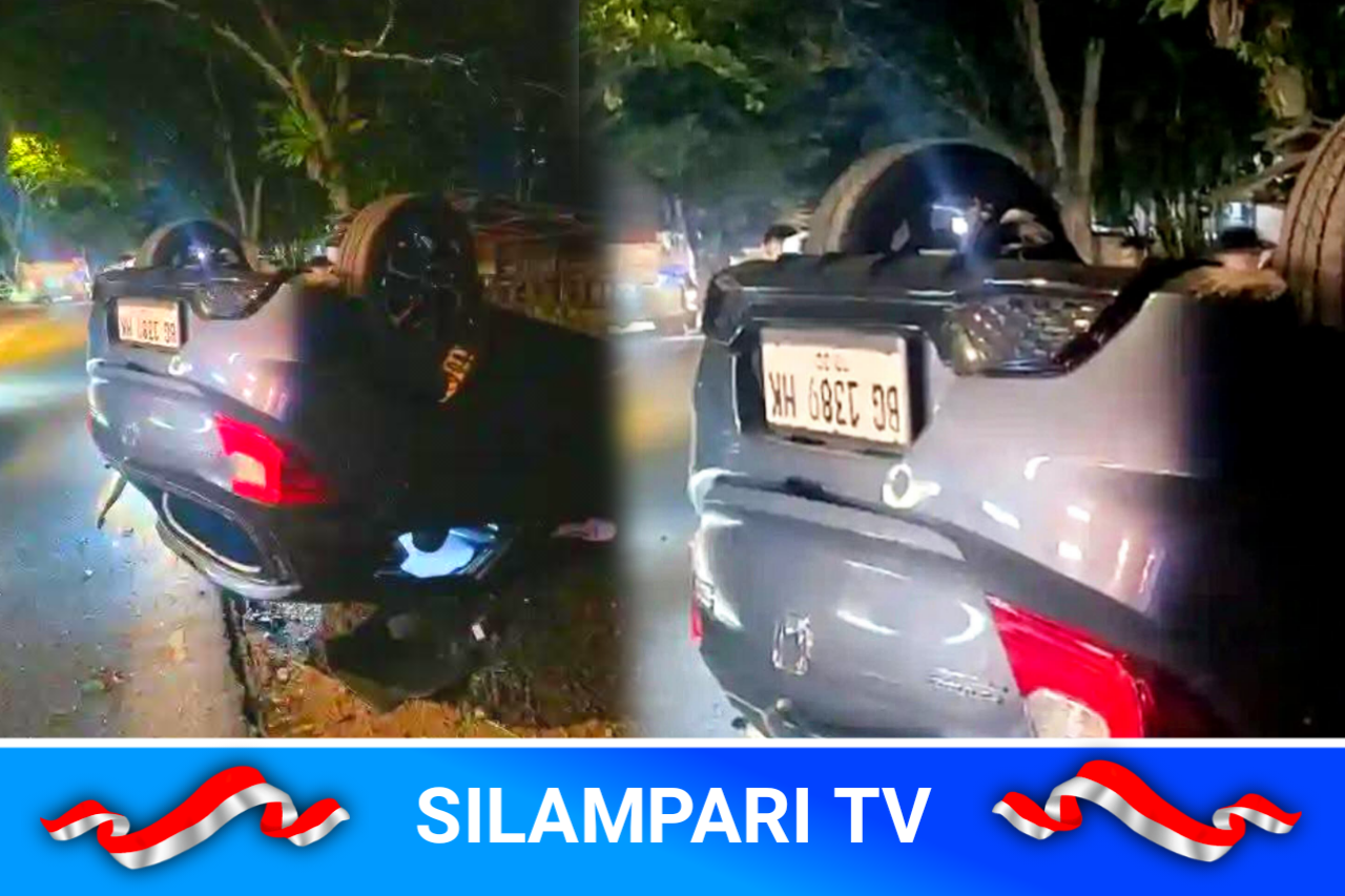 Pengemudi Brio di Lubuklinggau Tabrak Dua Pengendara Motor Sekaligus, Mobil Terbalik Usai Hantam Tiang Listrik