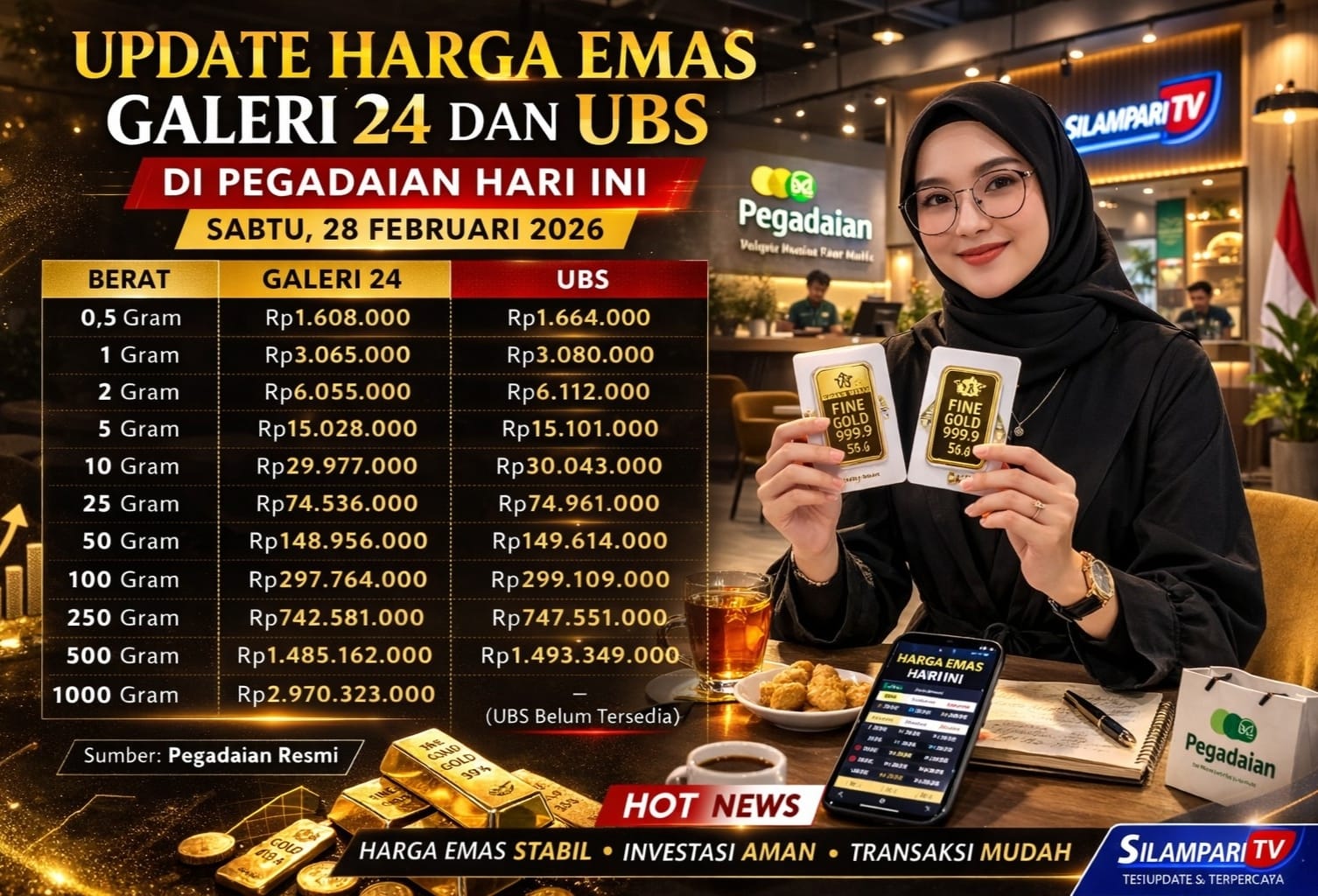 Harga Emas Galeri 24 dan UBS di Pegadaian Hari Ini, Sabtu 28 Februari 2026, Simak Daftar Lengkapnya