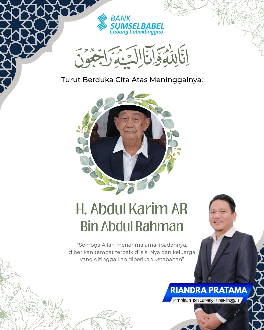 Bank Sumsel BabeL Cabang Lubuklinggau Mengucapkan Turut Berduka Cita