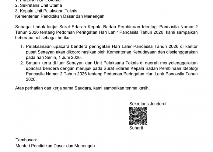 Kemendikdasmen Instruksikan Upacara Hari Lahir Pancasila 2026 Digelar Serentak