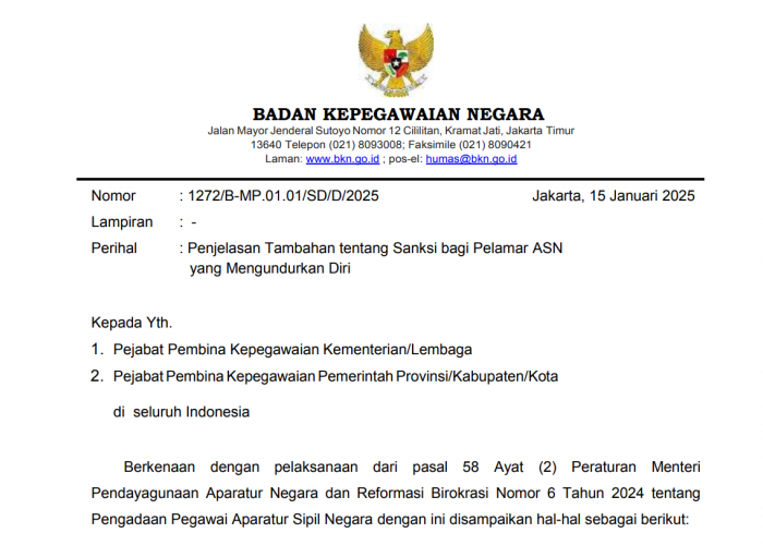 BKN Terbitkan Surat Edaran Tentang Aturan Sanksi Pelamar CPNS dan PPPK yang Mengundurkan Diri