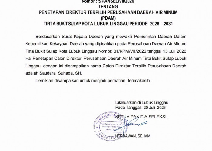 Suhada, SH Resmi Terpilih Jadi Direktur PDAM Tirta Bukit Sulap Lubuk Linggau Periode 2026–2031