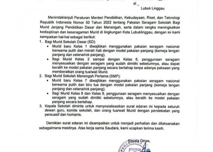 Disdikbud Lubuk Linggau Terbitkan Edaran Penyesuaian Seragam Sekolah Tahun Ajaran 2026