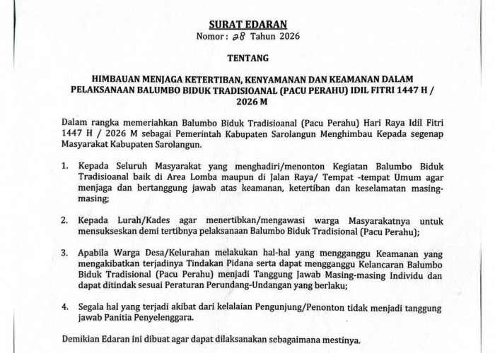 Pemkab Sarolangun Imbau Warga Jaga Ketertiban Saat Balumbo Biduk Idul Fitri 2026