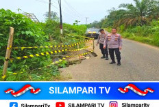 Jalan Lintas Musi Rawas–PALI Ambles di Desa Tambangan, Polisi Pasang Garis Pengaman